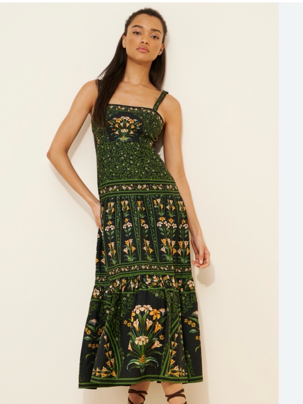 Green Floral Square-Neck Midi Dress